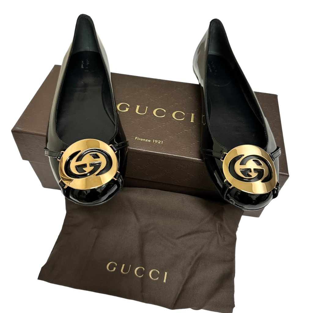New With Box Gucci Black Patent Leather Gg Logo Ballet Flats For Women Size 39